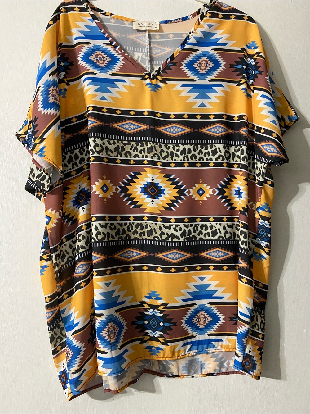 New Avery Aztec V-Neck Tunic in Mustard, Brown & Blue NWOT